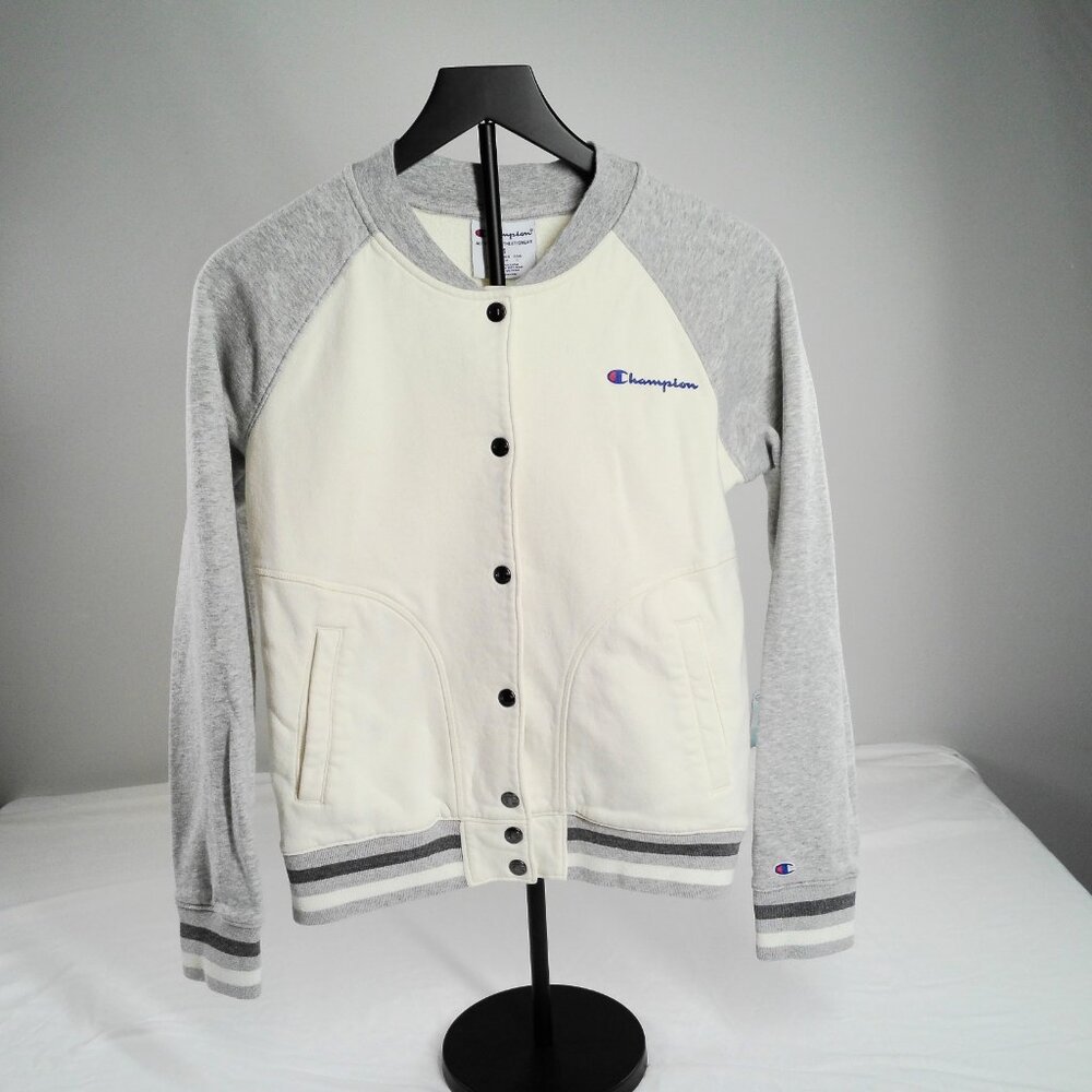Champion Varsity Jacket Women’s Small Cream Gray Snap Button Raglan Fleece